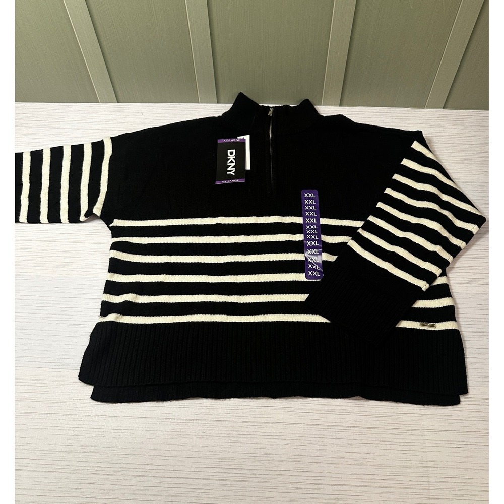 DKNY Womens Quarter Zip Striped Pullover Sweater Black Cream XXL DJ5RO975